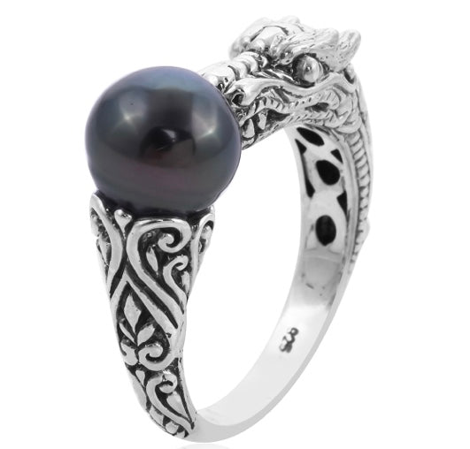 Artisan Crafted Dragon & Tahitian Pearl Silver Ring