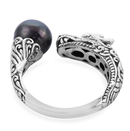 Artisan Crafted Dragon & Tahitian Pearl Silver Ring