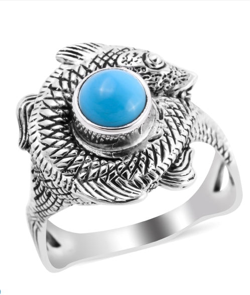 Sleeping Beauty Turquoise Fish Design Silver Ring