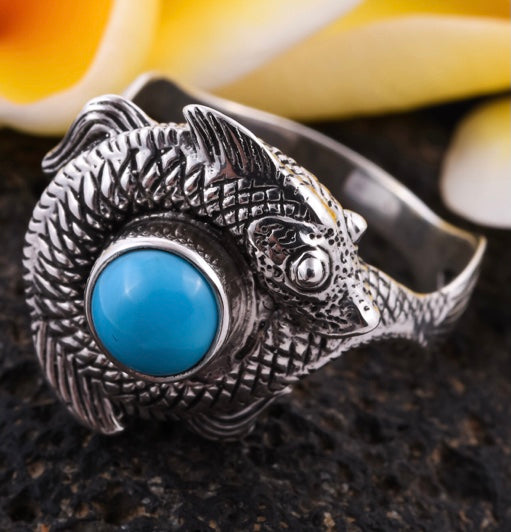 Sleeping Beauty Turquoise Fish Design Silver Ring