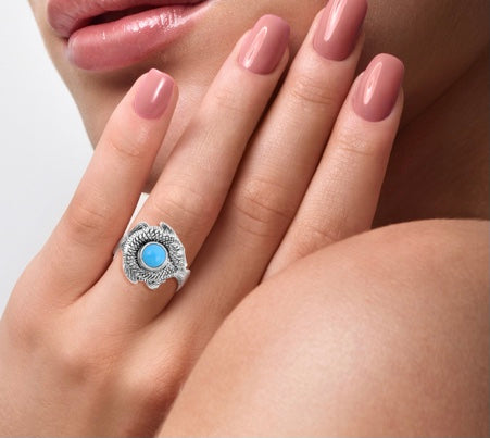 Sleeping Beauty Turquoise Fish Design Silver Ring