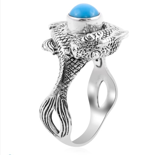 Sleeping Beauty Turquoise Fish Design Silver Ring