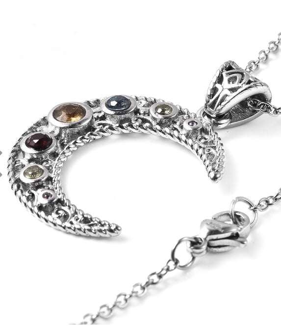 Multi Gemstone Crescent Moon Necklace