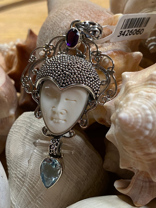 Bali Goddess Topaz & Amethyst 925 Sterling Silver Pendant