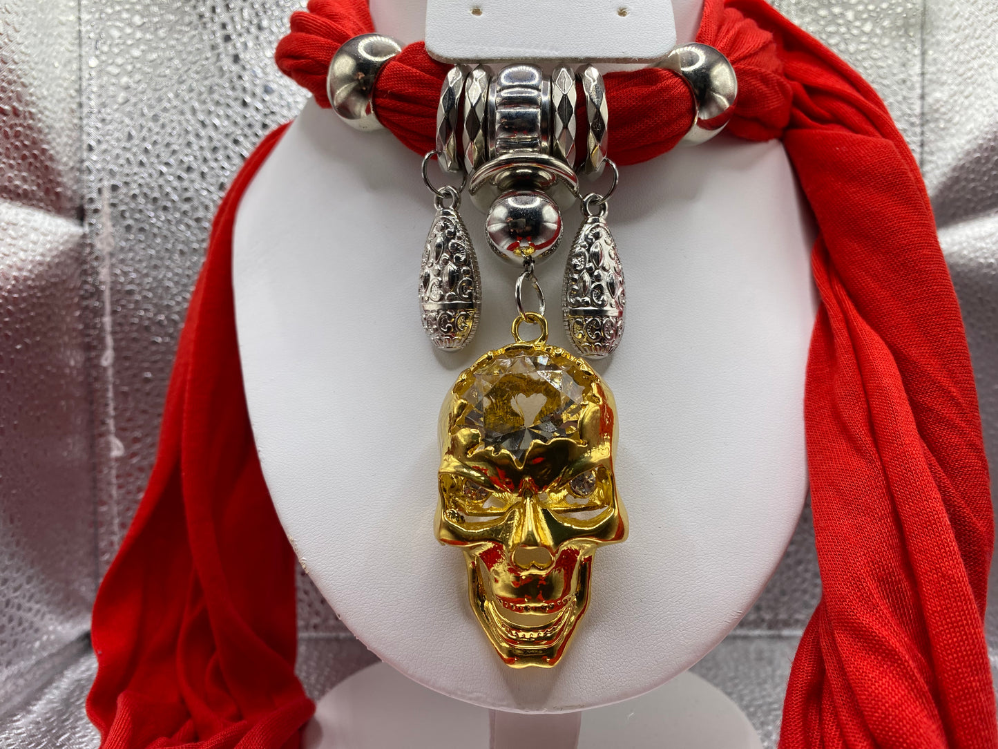 Red Scarf With Decorative Skull Middle Piece