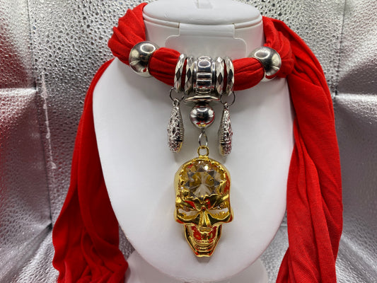 Red Scarf With Decorative Skull Middle Piece