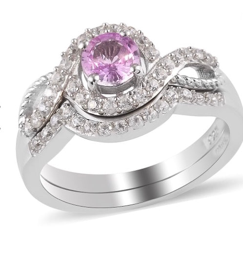 Madagascar Pink Sapphire & White Zircon 2 Piece Ring Set