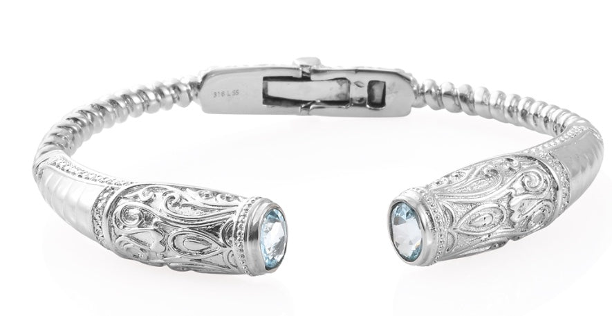 Bangle Cuff Bracelet & Sky Blue Topaz Stainless Steel