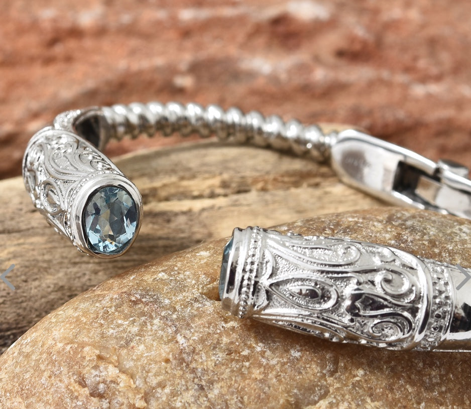 Bangle Cuff Bracelet & Sky Blue Topaz Stainless Steel