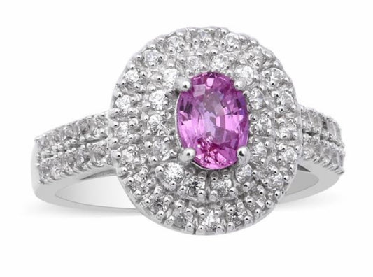 Pink Sapphire & White Zircon Platinum Over Silver Ring
