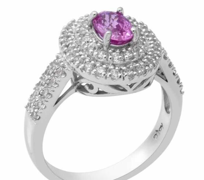 Pink Sapphire & White Zircon Platinum Over Silver Ring