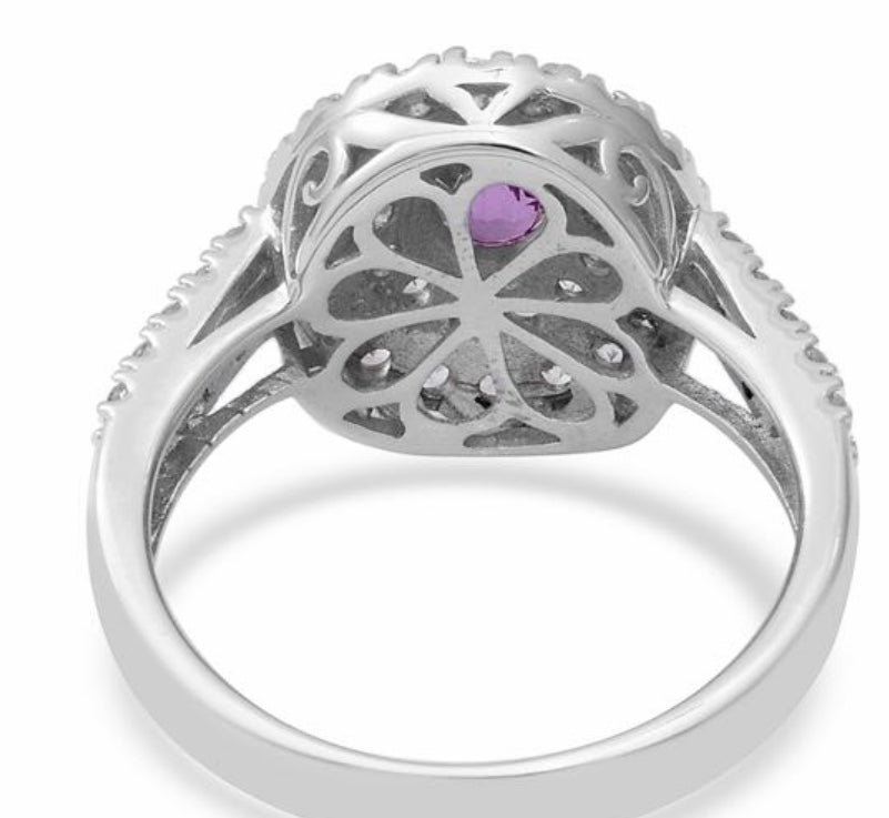 Pink Sapphire & White Zircon Platinum Over Silver Ring