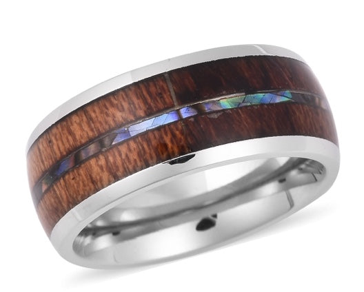 Acacia Wood Abalone Shell Band Ring Wedding Ring