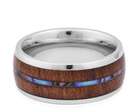 Acacia Wood Abalone Shell Band Ring Wedding Ring