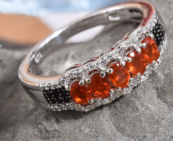 Mexican Fire Opal Band Style Platinum Over Sterling Silver Ring