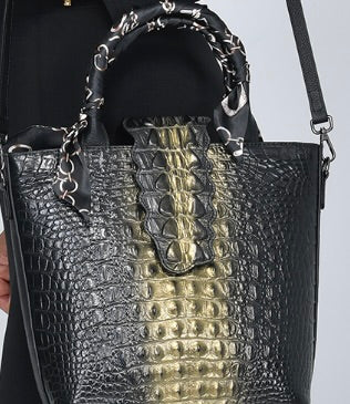 Crocodile Embossed Genuine Leather Black & Gold Color Handbag