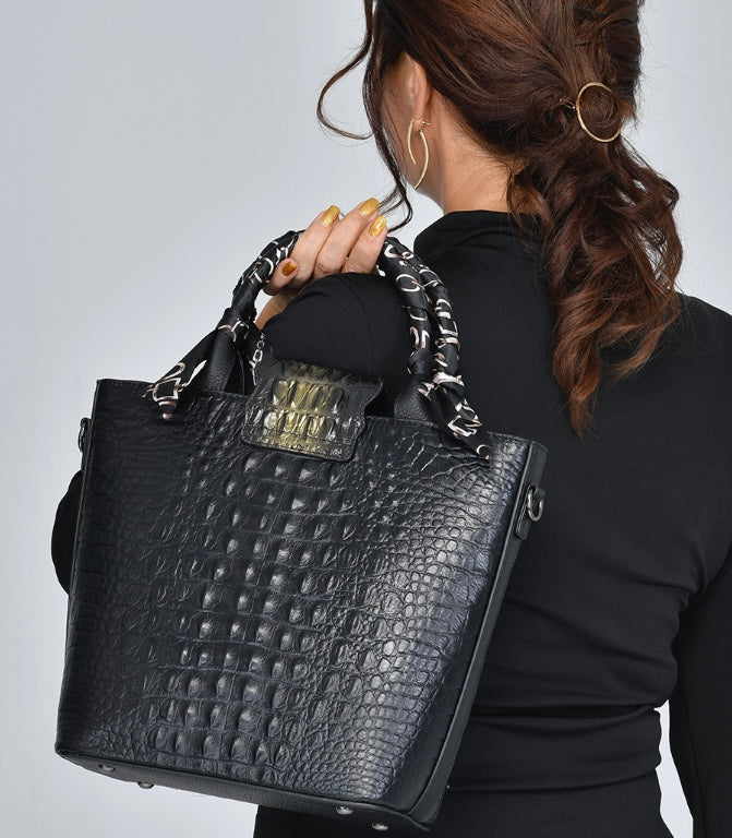 Crocodile Embossed Genuine Leather Black & Gold Color Handbag