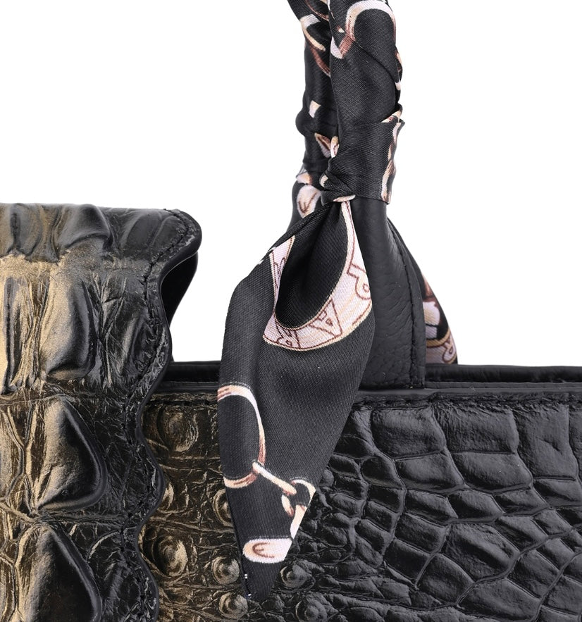 Crocodile Embossed Genuine Leather Black & Gold Color Handbag