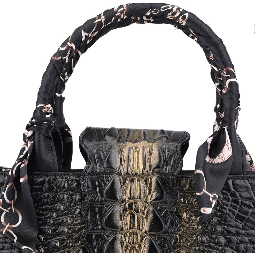 Crocodile Embossed Genuine Leather Black & Gold Color Handbag