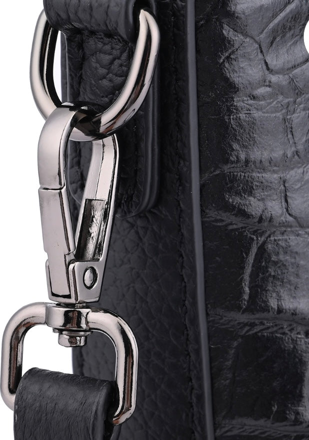Crocodile Embossed Genuine Leather Black & Gold Color Handbag