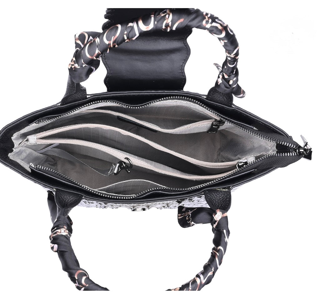 Crocodile Embossed Genuine Leather Black & Gold Color Handbag