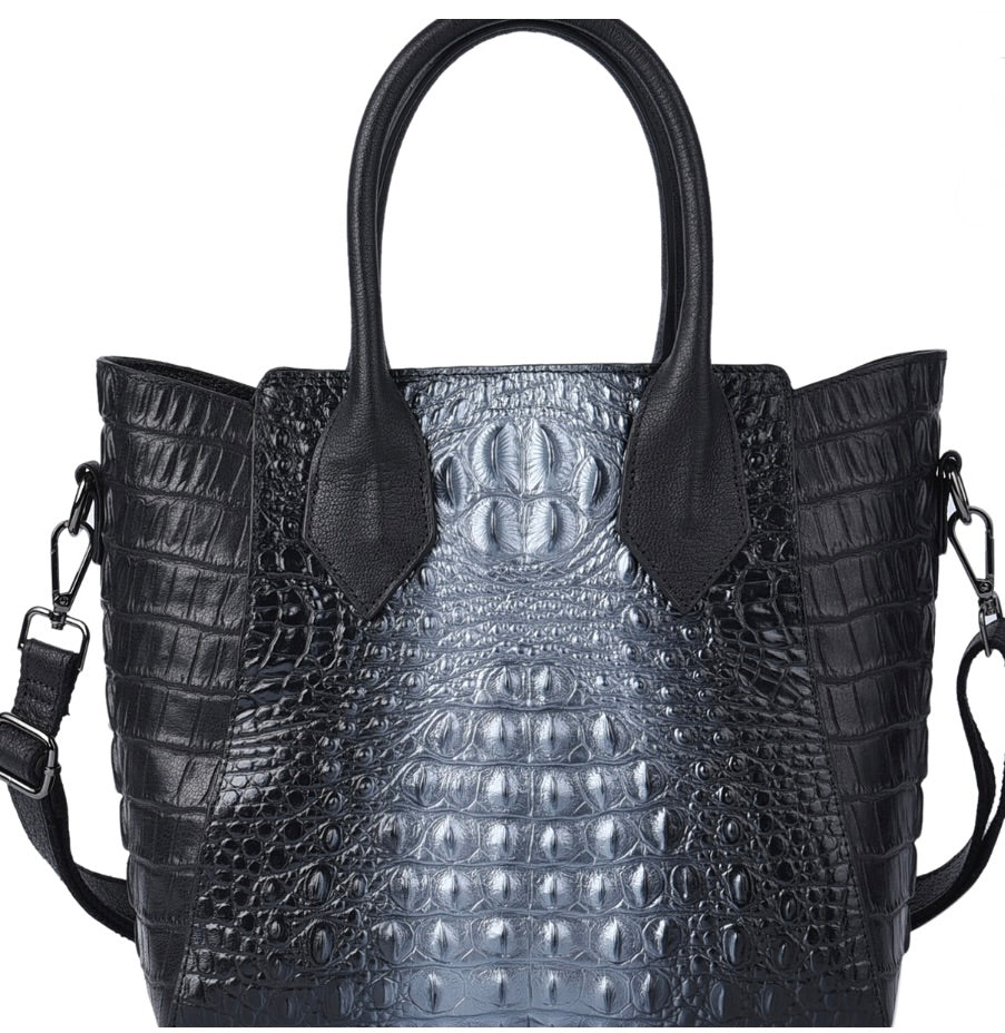 Black & Silver Crocodile Embossed Genuine Leather Handbag / Tote Bag
