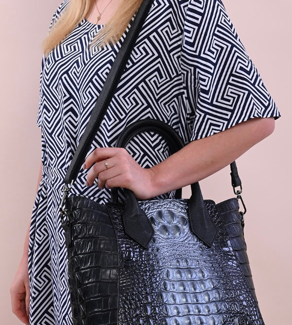 Black & Silver Crocodile Embossed Genuine Leather Handbag / Tote Bag