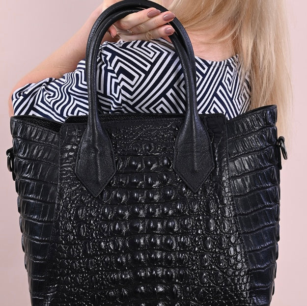 Black & Silver Crocodile Embossed Genuine Leather Handbag / Tote Bag