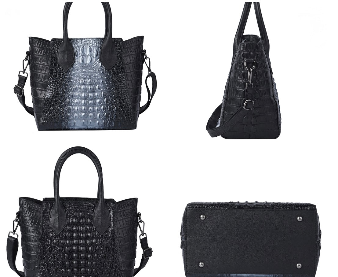 Black & Silver Crocodile Embossed Genuine Leather Handbag / Tote Bag