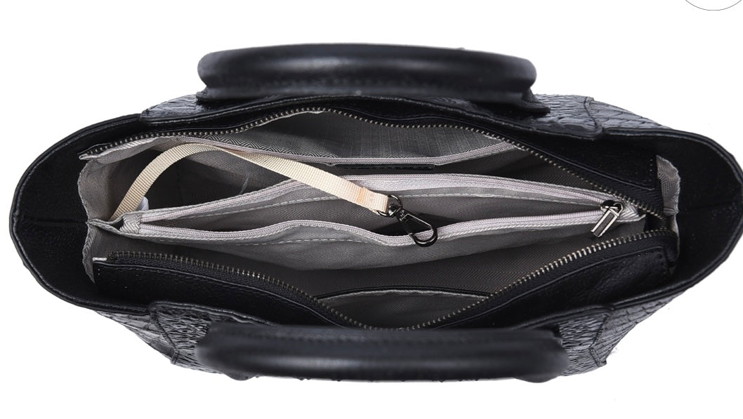 Black & Silver Crocodile Embossed Genuine Leather Handbag / Tote Bag