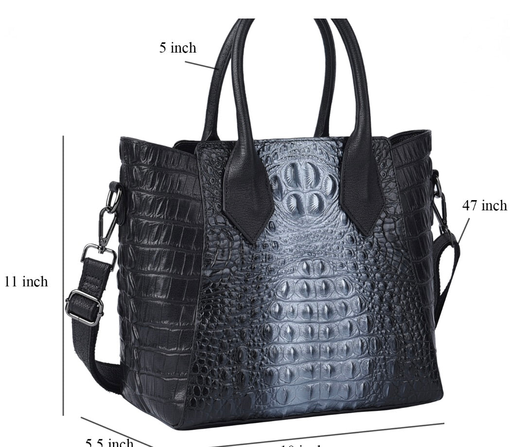 Black & Silver Crocodile Embossed Genuine Leather Handbag / Tote Bag