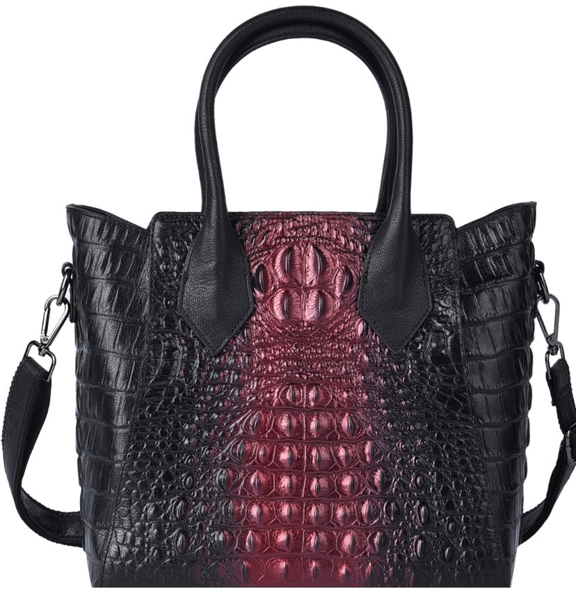 Black & Pinkish Purple Crocodile Embossed Genuine Leather Handbag Tote Bag