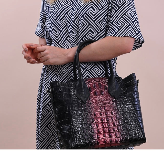 Black & Pinkish Purple Crocodile Embossed Genuine Leather Handbag Tote Bag