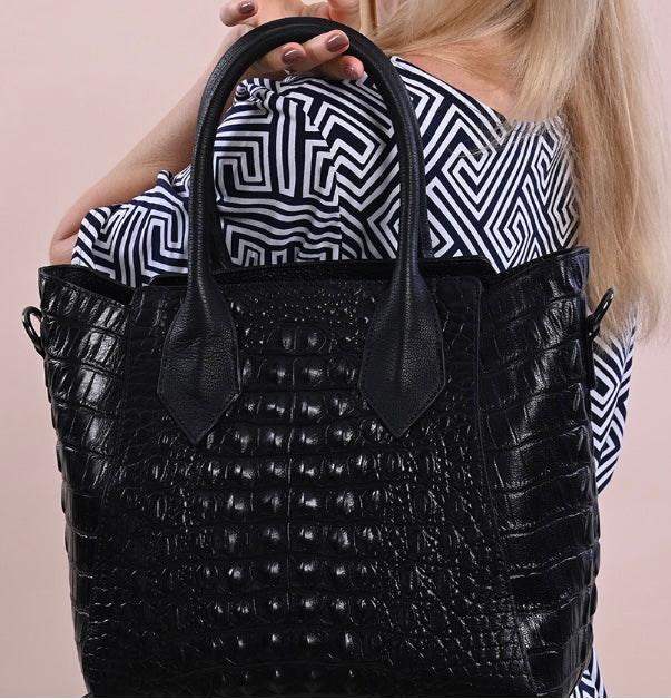 Black & Pinkish Purple Crocodile Embossed Genuine Leather Handbag Tote Bag