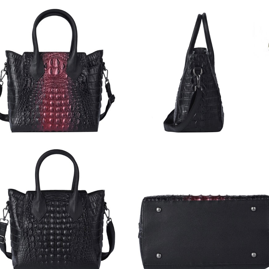 Black & Pinkish Purple Crocodile Embossed Genuine Leather Handbag Tote Bag