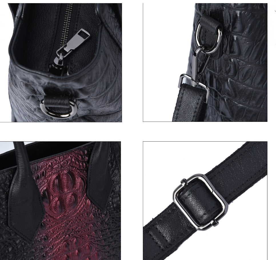 Black & Pinkish Purple Crocodile Embossed Genuine Leather Handbag Tote Bag