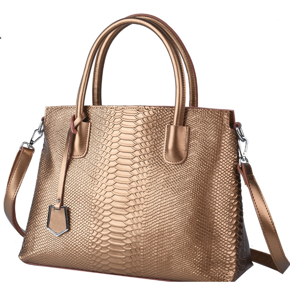 Snakeskin Embossed Genuine Leather Bronze Color Handbag Tote Bag