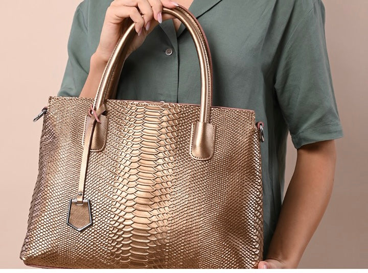 Snakeskin Embossed Genuine Leather Bronze Color Handbag Tote Bag