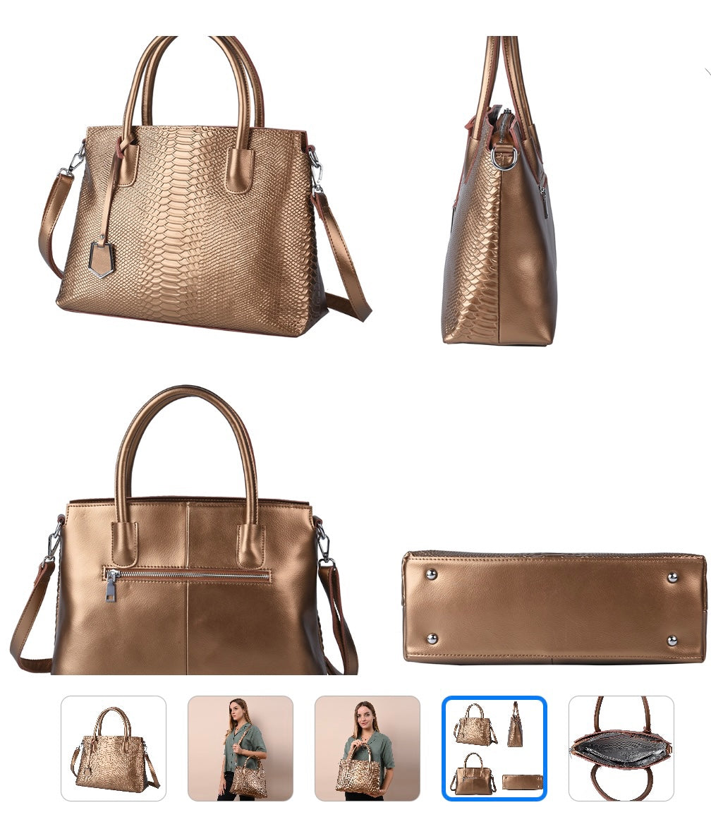 Snakeskin Embossed Genuine Leather Bronze Color Handbag Tote Bag