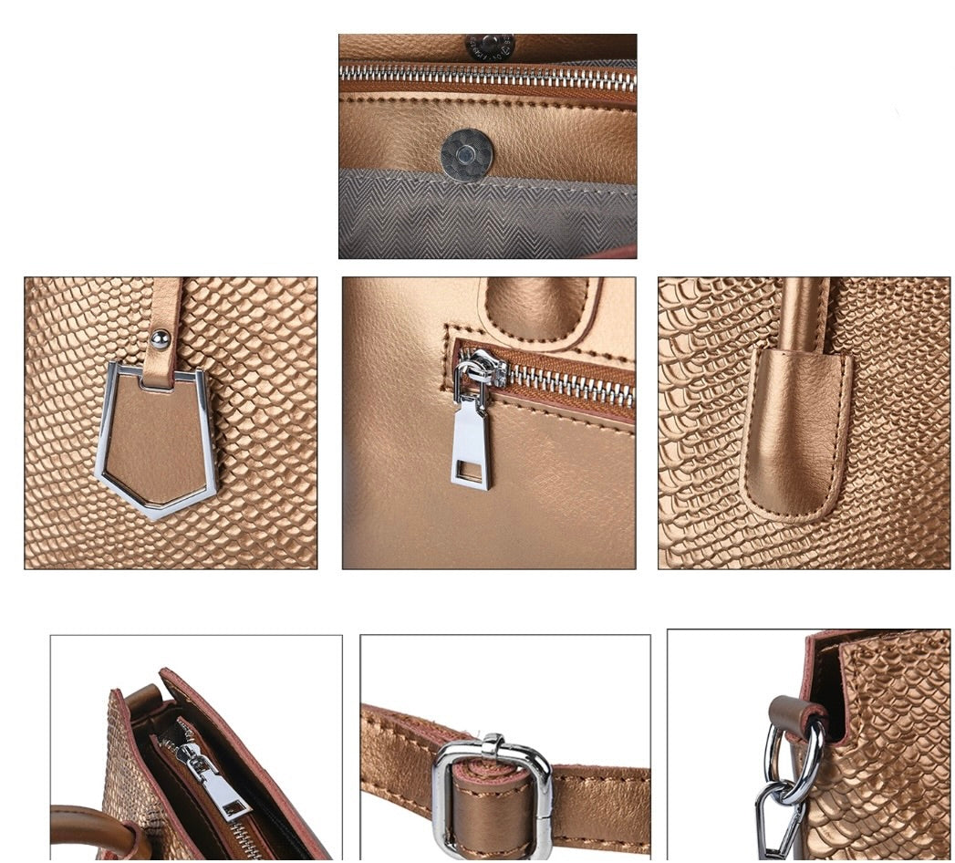 Snakeskin Embossed Genuine Leather Bronze Color Handbag Tote Bag