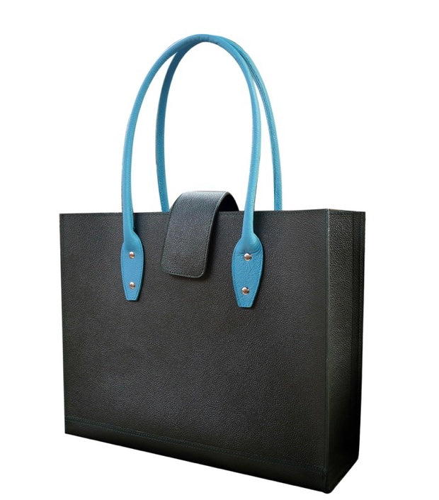 Genuine Leather Shopping Tote Bag Turquoise Or Black