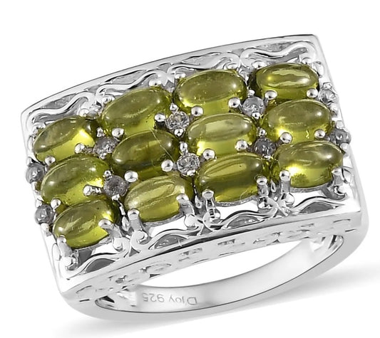 Italian Natural Vesuvianite & White Zircon 925 Sterling Silver Ring