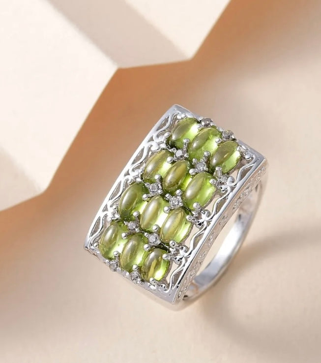 Italian Natural Vesuvianite & White Zircon 925 Sterling Silver Ring