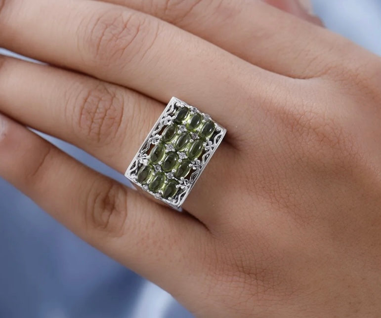 Italian Natural Vesuvianite & White Zircon 925 Sterling Silver Ring