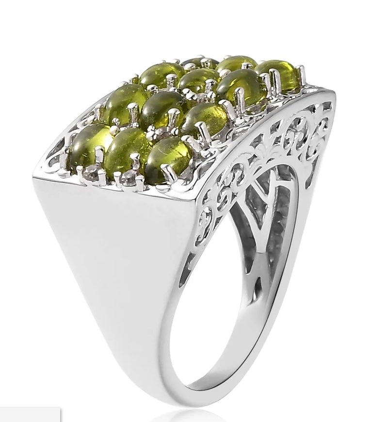 Italian Natural Vesuvianite & White Zircon 925 Sterling Silver Ring