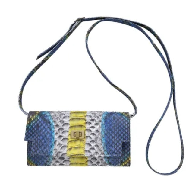 Grand Pelle Peacock Blue Python Leather Bi-Fold  Crossbody Wallet/Bag