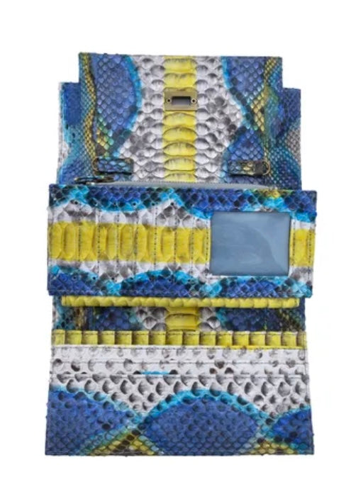 Grand Pelle Peacock Blue Python Leather Bi-Fold  Crossbody Wallet/Bag