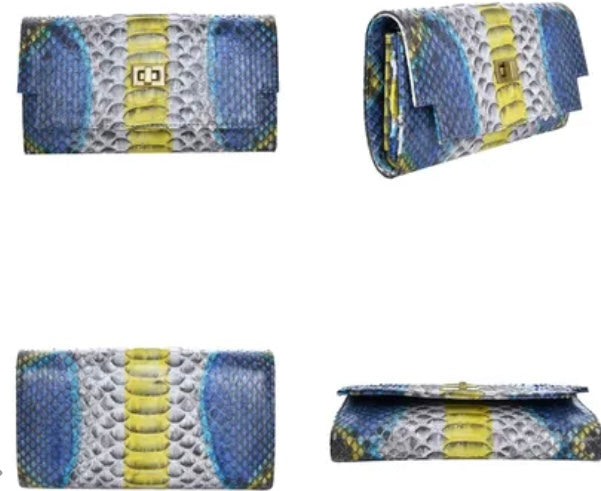 Grand Pelle Peacock Blue Python Leather Bi-Fold  Crossbody Wallet/Bag