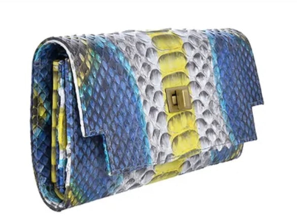 Grand Pelle Peacock Blue Python Leather Bi-Fold  Crossbody Wallet/Bag