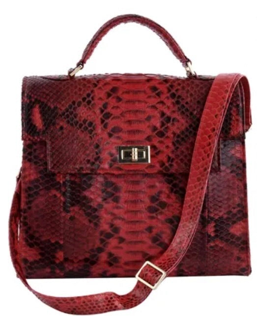Grand Pelle Collection Genuine Python Leather Red Handbag / Satchel